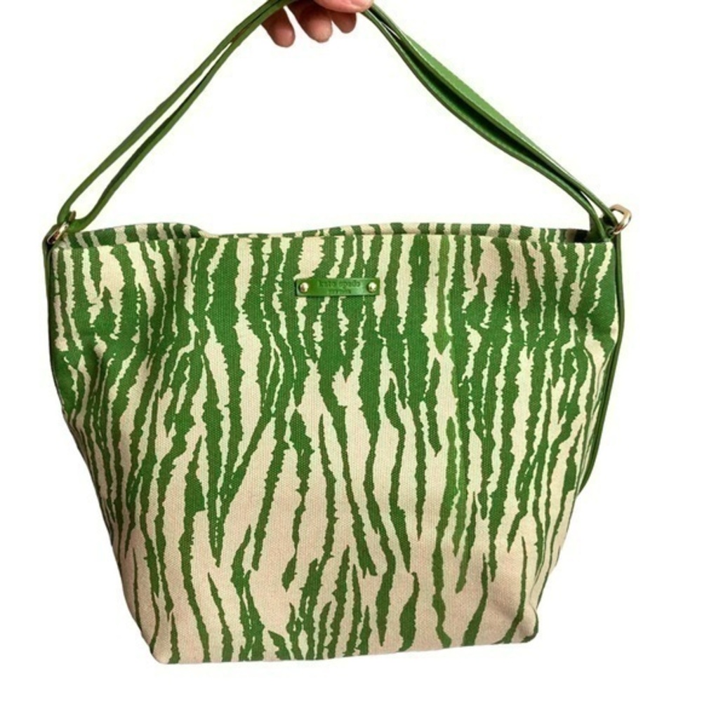 Kate spade green zebra canvas and leather vintage tote bag